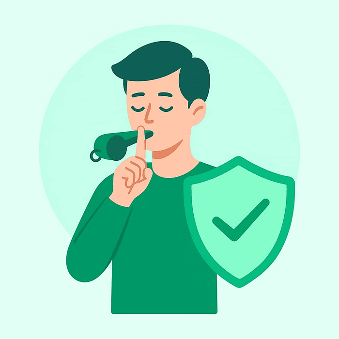 Person blowing whistle with shield icon